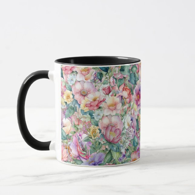 Caneca Padrão Floral de Aquarela, Fundo Floral (Esquerda)