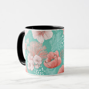 Caneca Padrão Floral de Coral Desenhado à Mão Flor de Hor