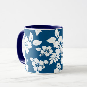 Caneca Padrão floral de Hibiscus Branco e Azul Teal