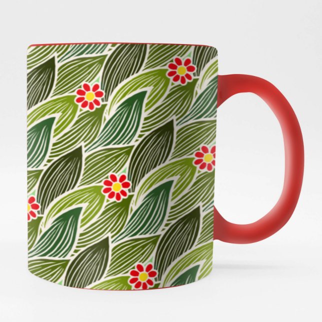 Caneca Padrão Floral de Margarida Verde Vermelha-Cute Gro (Criador carregado)