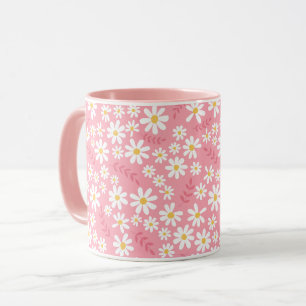 Caneca Padrão Floral de Margaridas Rosa e Branco Fofo e S