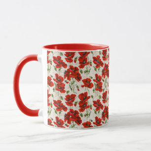 Caneca Padrão Floral de Papoula Vermelha Vintage Arte Bot