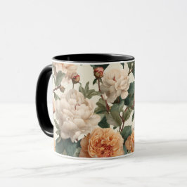 Caneca Padrão Floral de Peônia em Marfim Rosa Romântico