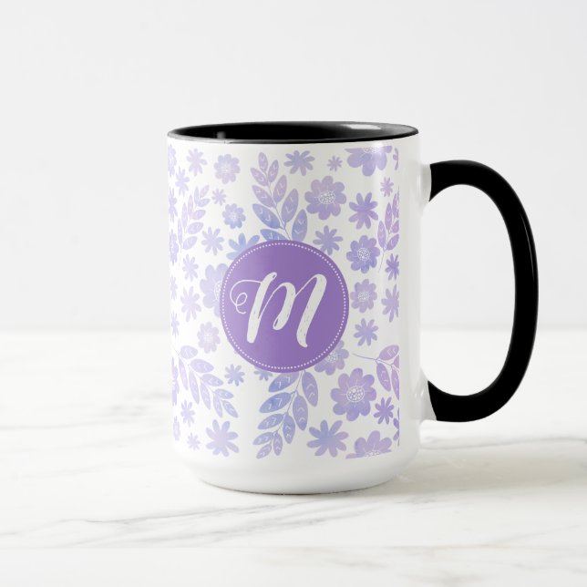 Caneca Padrão Floral Desenhado da lavanda e Monograma (Direita)