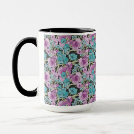 Caneca Padrão Floral Elegante Fundo Preto Púrpura Rosa