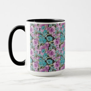 Caneca Padrão Floral Elegante Fundo Preto Púrpura Rosa