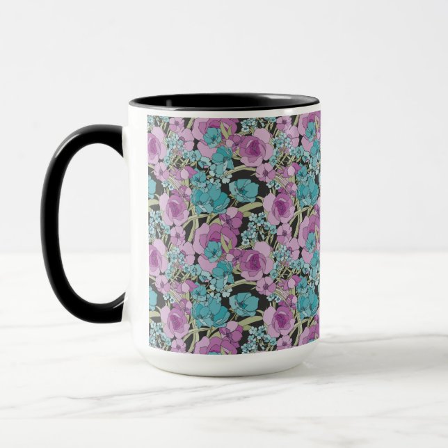 Caneca Padrão Floral Elegante Fundo Preto Púrpura Rosa (Esquerda)