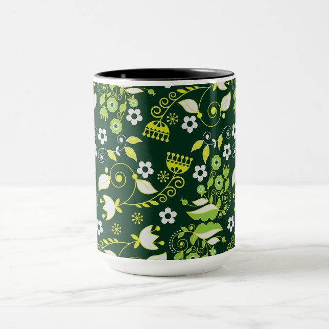 Caneca Padrão Floral Escandinavo Verde Moderno (Centro)