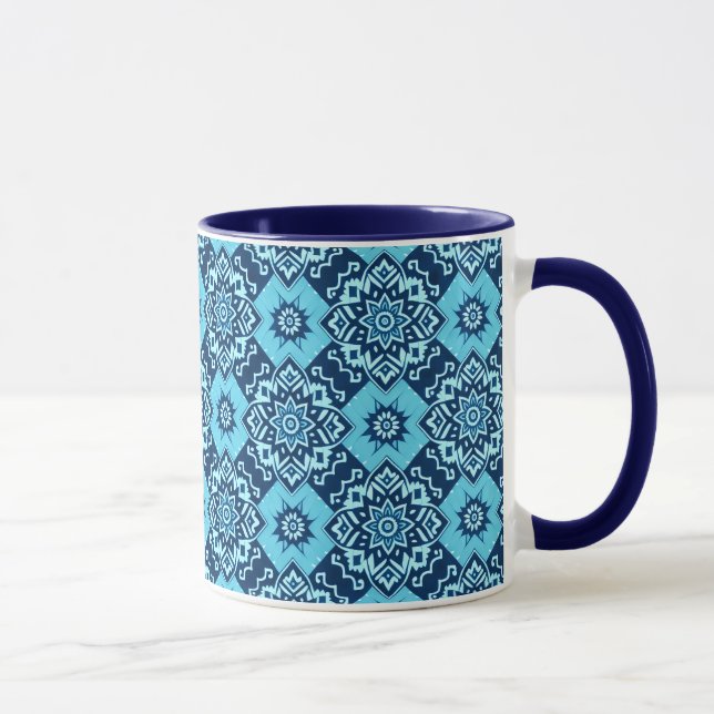 Caneca Padrão Floral Geométrico Azul Elegante (Direita)