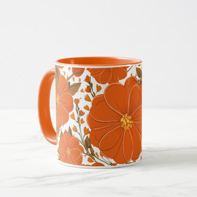 Caneca Padrão Floral Laranja Vibrante com Folhas (Frente Esquerda)