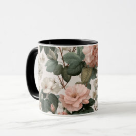 Caneca Padrão Floral Marfim Flor de Rosa Elegante