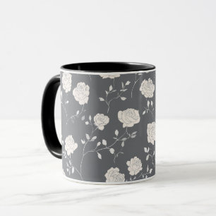 Caneca Padrão Floral Minimalista Cinza Rosa Branco Suave