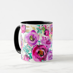 Caneca Padrão Floral Moderno Colorido Rosa Roxo