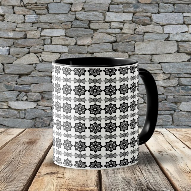 Caneca Padrão floral octogonal e diagonal de folhas preta (Criador carregado)