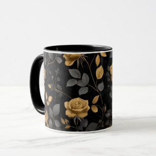 Caneca Padrão Floral Preto Rosa Acento Ouro Elegante