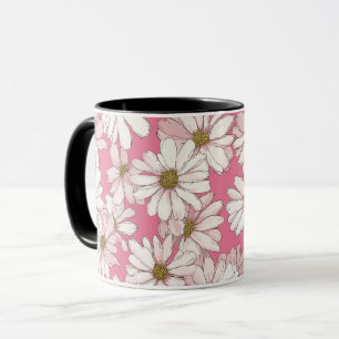 Caneca Padrão Floral Rosa Desenhado à Mão com Margaridas