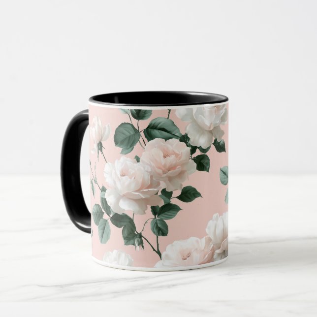 Caneca Padrão Floral Rosa Macio Delicado Branco (Frente Esquerda)
