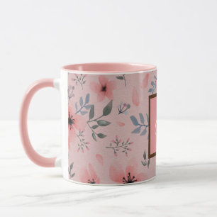 Caneca Padrão Floral Rosa Monograma Simples Vintage