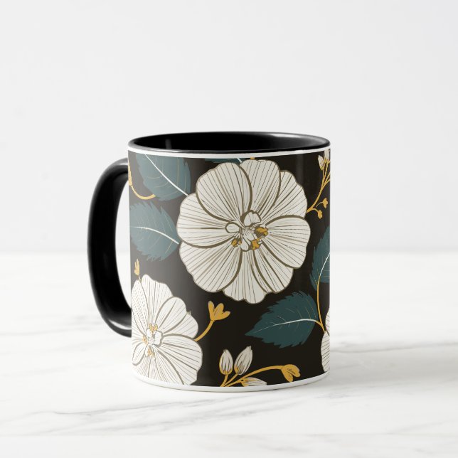 Caneca Padrão Floral Sofisticado com Brilhos Brancos (Frente Esquerda)
