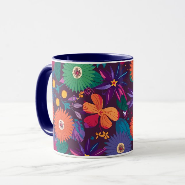 Caneca Padrão Floral Tropical Colorida com Blooms Negros (Frente Esquerda)