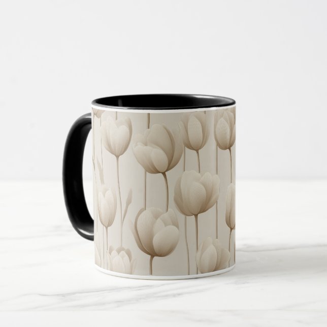 Caneca Padrão Floral Tulipa Neutra Moderna Marfim (Frente Esquerda)