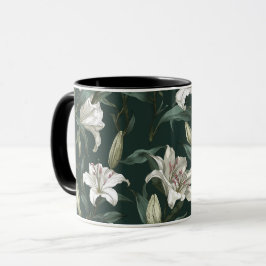 Caneca Padrão Floral Verde de Lírio Branco Clássico