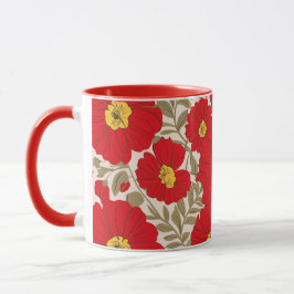 Caneca Padrão Floral Vermelho Vibrante com Folhas Verde-o