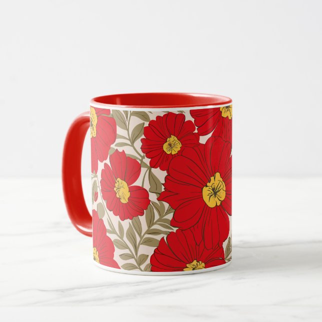 Caneca Padrão Floral Vermelho Vibrante com Folhas Verde-o (Frente Esquerda)