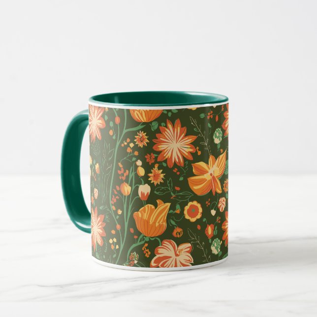 Caneca Padrão Floral Vibrante com Sangue Laranja e Amarel (Frente Esquerda)