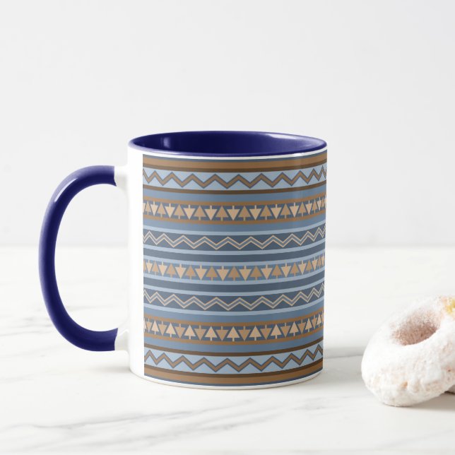 Caneca Padrão Geométrico Azul e Marrom no Estilo Sudoeste (Com Donut)