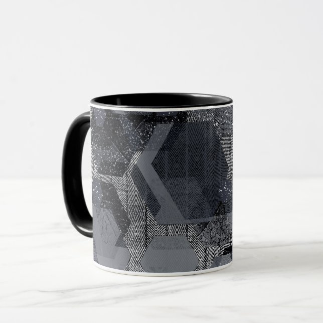 Caneca Padrão geométrico de abstrato, preto e cinza. (Frente Esquerda)