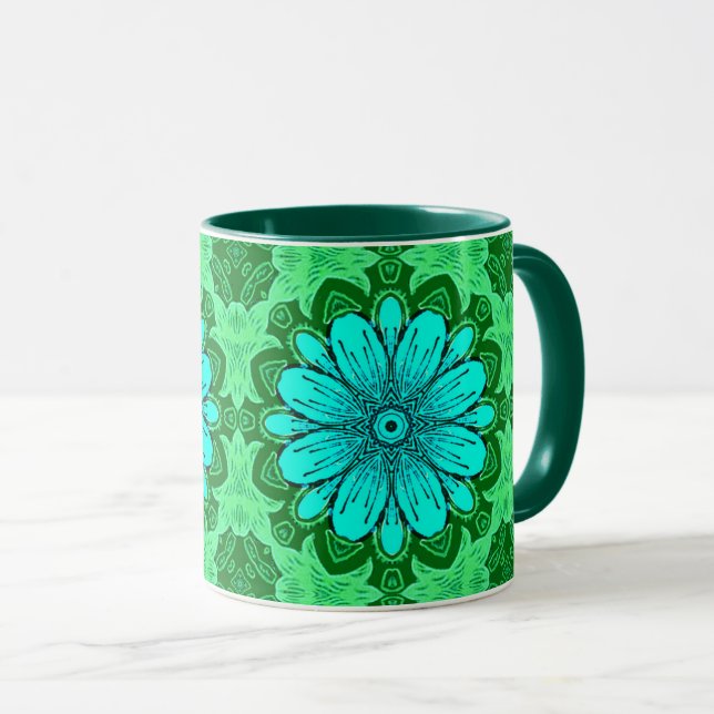 Caneca Padrão geométrico de margarida em Turquesa e Verde (Frente Esquerda)
