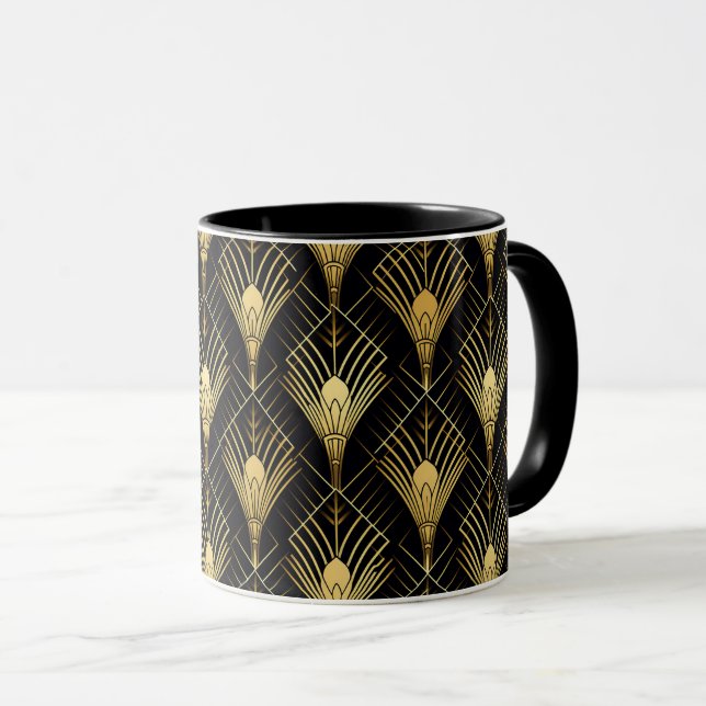 Caneca Padrão Geométrico Dourado Preto da Arte 1920 Retro (Frente Esquerda)