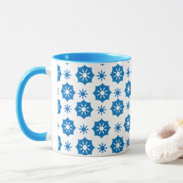 Caneca Padrão Geométrico Floral Azul E Branco Elegante