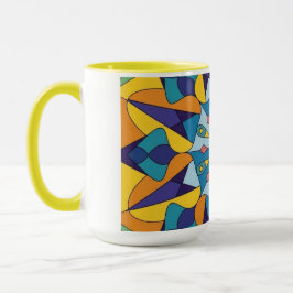 Caneca Padrão geométrico fractal azul e amarelo