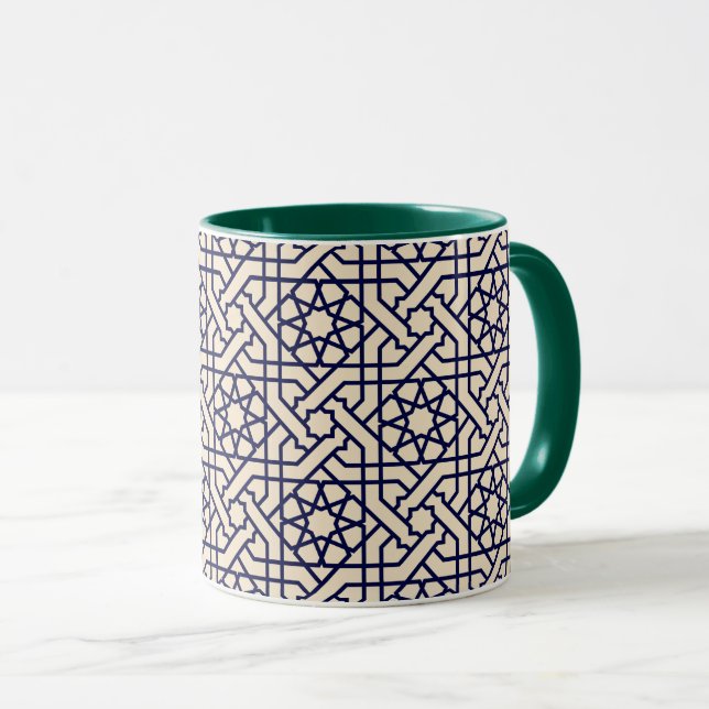 Caneca Padrão Geométrico Islâmico Azul Branco Marroquino (Frente Esquerda)