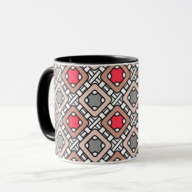 Caneca padrão geométrico moderno art déco cinza vermelho, (Frente Esquerda)