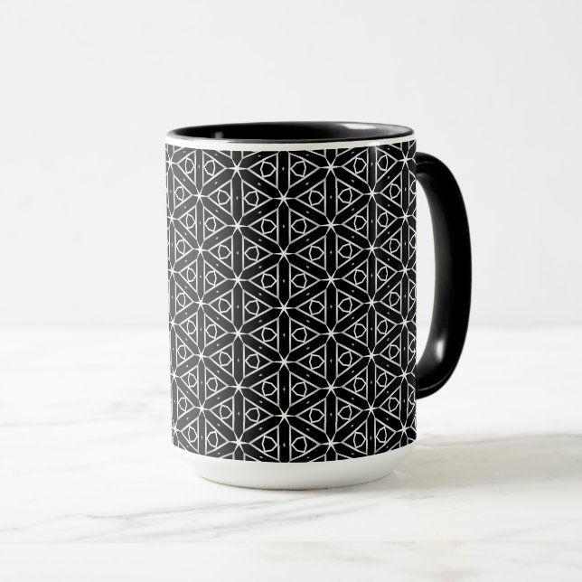 Caneca Padrão Geométrico Preto Branco e Prata (Frente Esquerda)