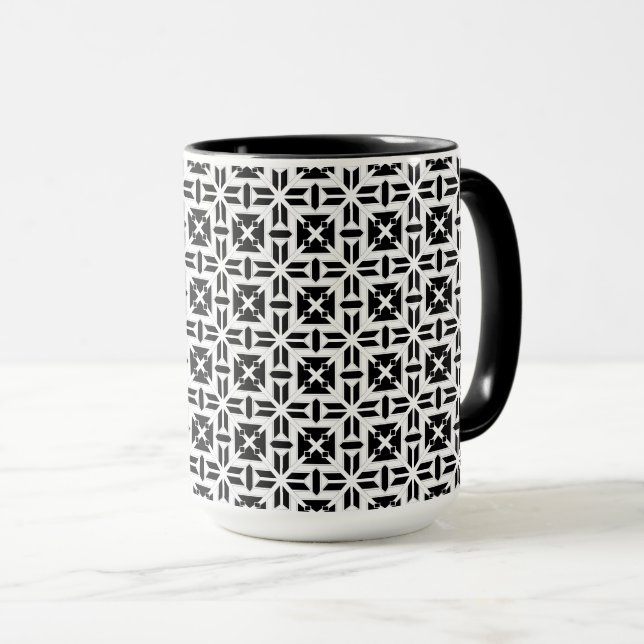 Caneca Padrão Geométrico Preto e Branco Elegante (Frente Esquerda)