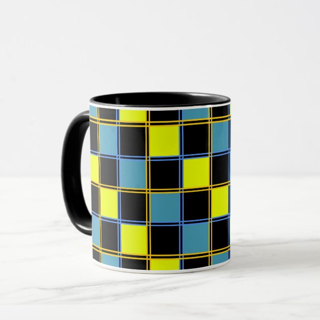 Caneca Padrão geométrico xadrez amarelo azul (Frente Esquerda)