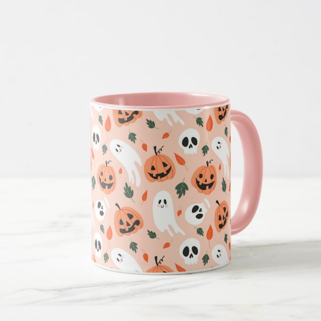 Caneca Padrão Ghost e Jack-O-Lanterna Bonito (Frente Esquerda)