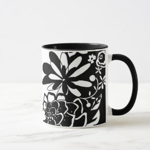 Caneca Padrão Gráfico do Jardim Floral Preto e Branco