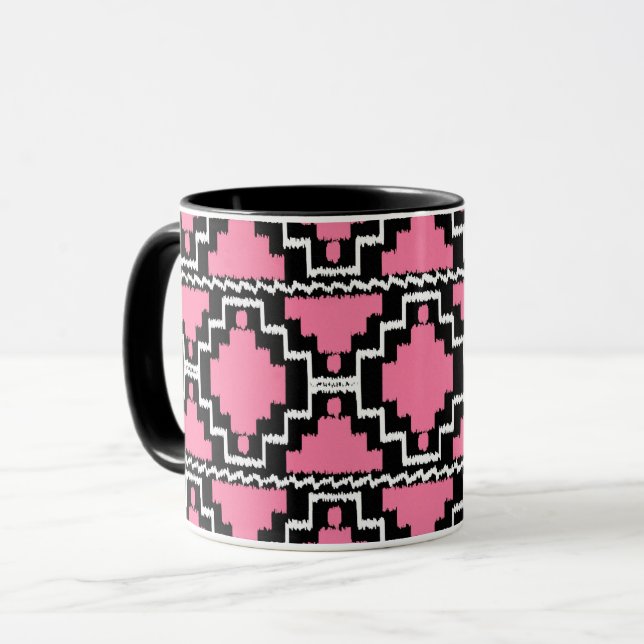 Caneca Padrão Ikat Aztec - Rosa Fuchsia, Preto e Branco (Frente Esquerda)