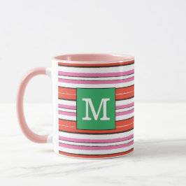 Caneca Padrão listrado bonito Monograma l Rosa l Verde