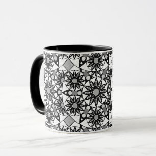 Caneca Padrão Mandala, preto, branco e Cinza