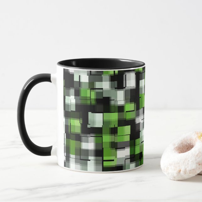 Caneca Padrão Moderno Branco Verde Preto (Com Donut)