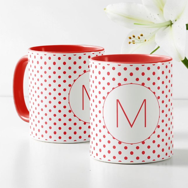 Caneca Padrão Moderno de Bolinhas Vermelhas Monograma Ini (Modern Red Polka Dot Pattern Cute Initial Monogram Mug)