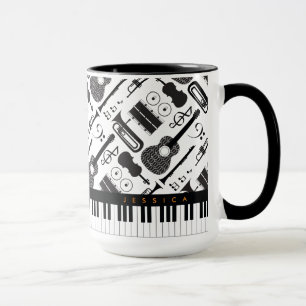Caneca Padrão Moderno de Instrumentos Musicais de Preto