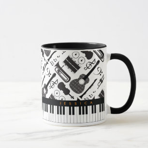 Caneca Padrão Moderno de Instrumentos Musicais de Preto 