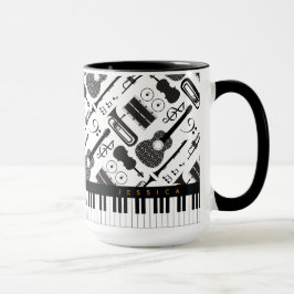 Caneca Padrão Moderno de Instrumentos Musicais de Preto e